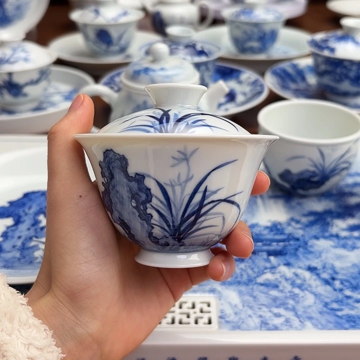 瓷盖碗手工手绘兰花盖碗