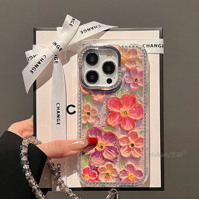 小众ins复古花朵油画适用苹果16ProMax手机壳新款iPhone15pro高级