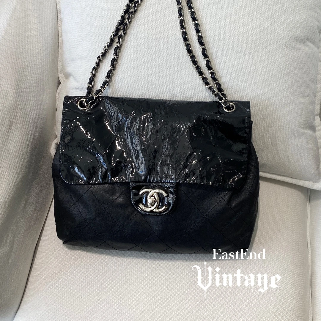 95新 Chanel/香奈儿 東区-黑银中古漆皮拼牛皮垃圾袋单肩包/55157