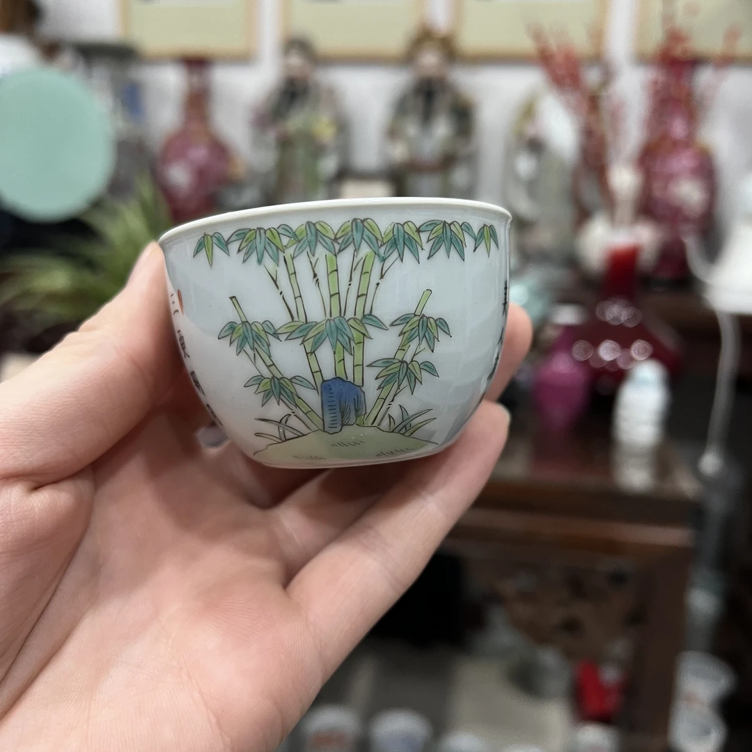 景德镇手绘竹子节节高升诗文缸杯80cc