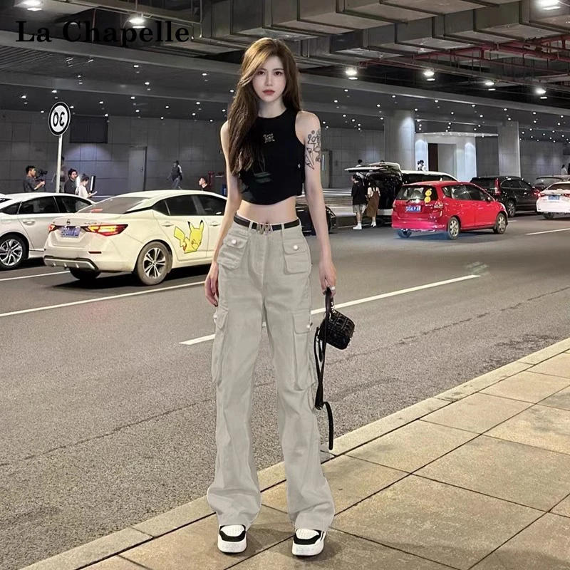 拉夏贝尔美式复古白色工装裤女2025春夏新款显瘦窄版阔腿牛仔裤