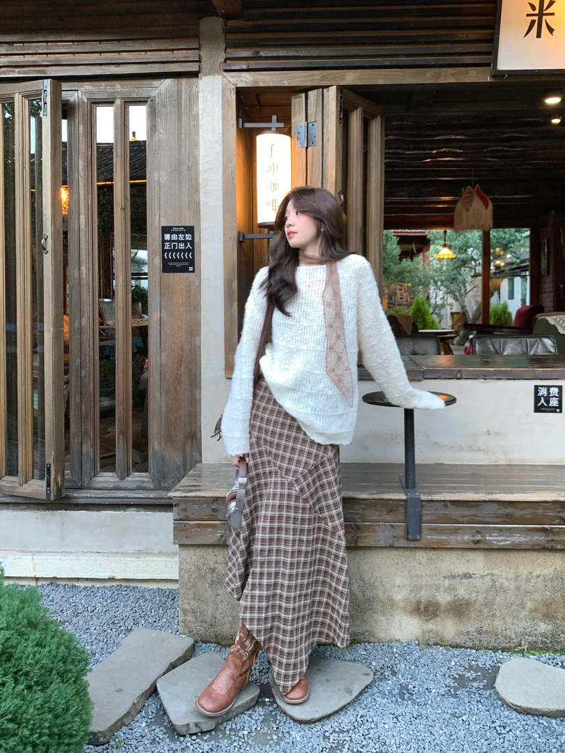 Even一雯【浪漫革命】韩系高智感早秋咖色格纹不规则下摆气质半身裙