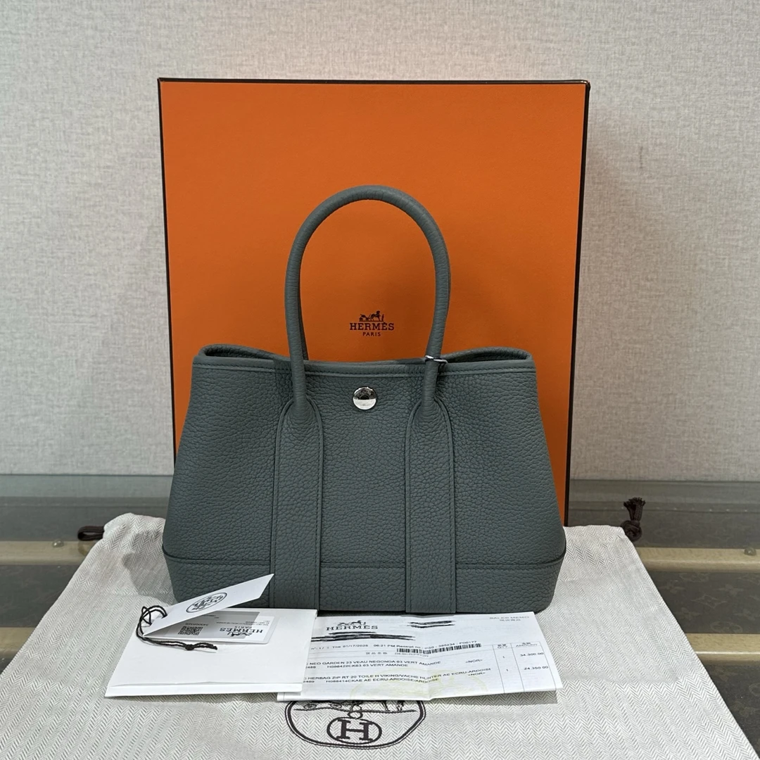 99新 Hermes/爱马仕 杏仁绿银扣花园23手提包 19941