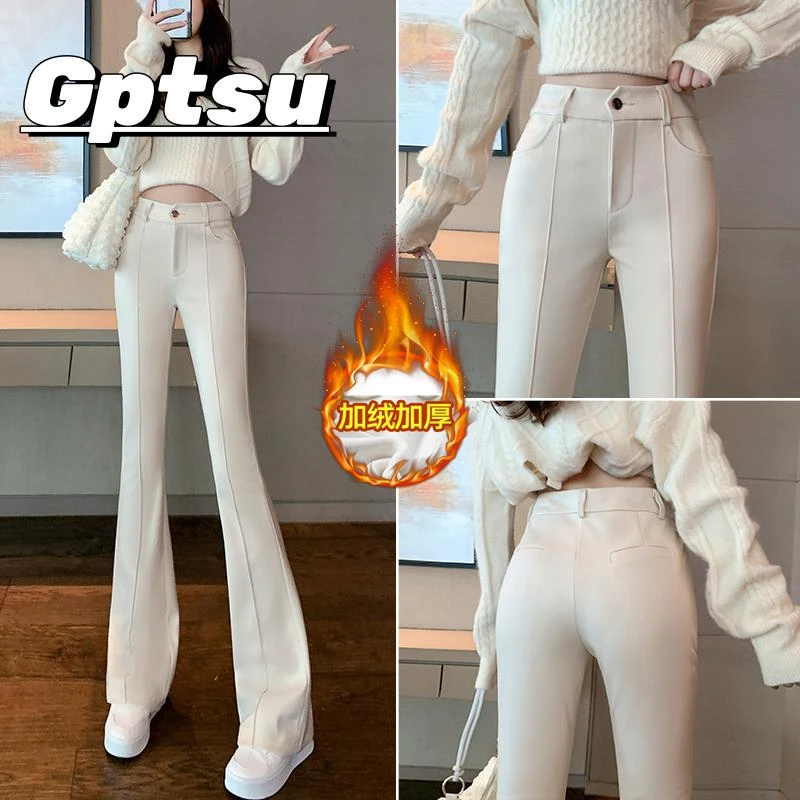 GPTSu西装微喇裤女秋冬季加绒加厚高腰修身喇叭裤显瘦毛呢休闲裤