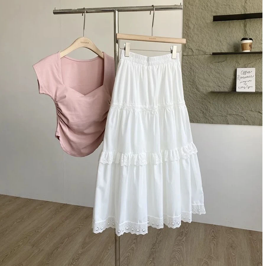 复古文艺白色半身裙蕾丝拼接中长裙子森系春夏穿搭叠穿百搭ins风