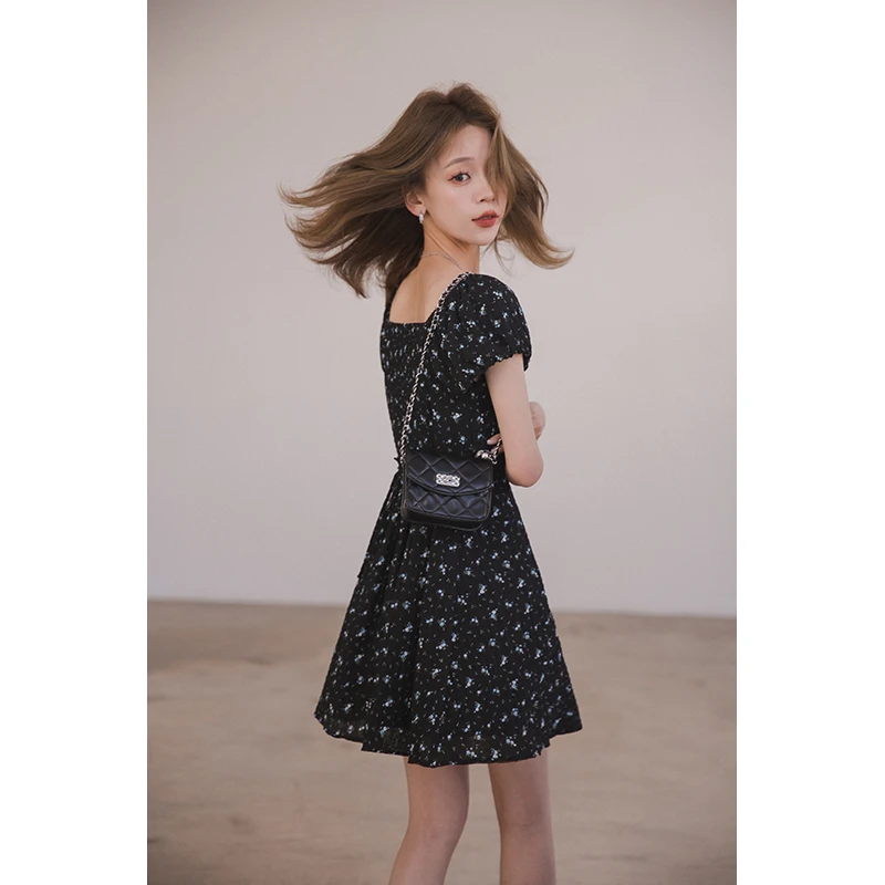 【野影碎花裙】黑底碎花+泡泡格肌理裙子女款爆款2025新款高级感女