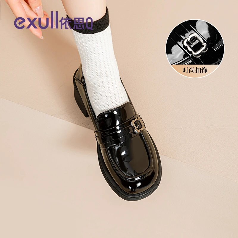 依思Q厚底乐福鞋女2025秋季新款百搭粗跟单鞋英伦风一脚蹬小皮鞋