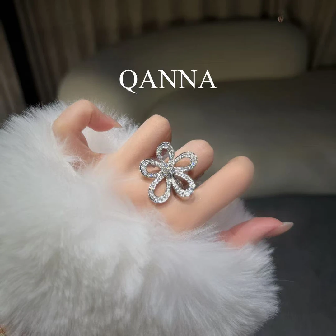 QANNA【双层花瓣】【满钻超大号五花】轻奢名媛富贵格桑花钻石戒指AY
