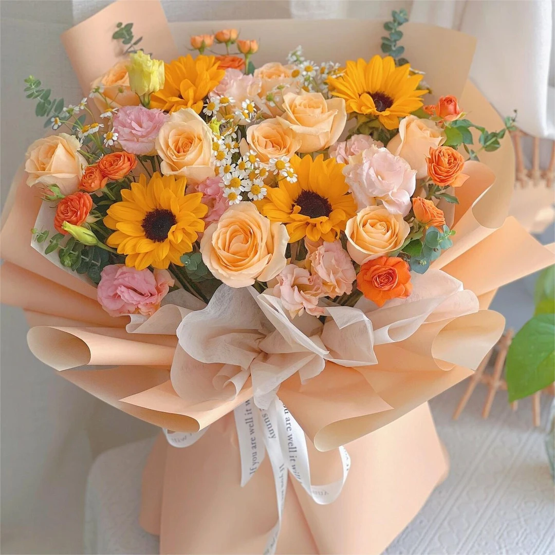 幸福暖心【4朵向日葵香槟玫瑰混搭花束】送爱人送闺蜜老师同事生日鲜花花店送花上门