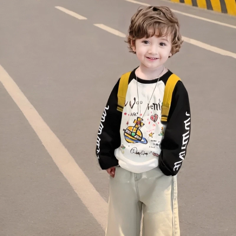 男童打底衫插肩涂鸦纯棉T恤春秋儿童2025新款洋气宝宝童装打底衫