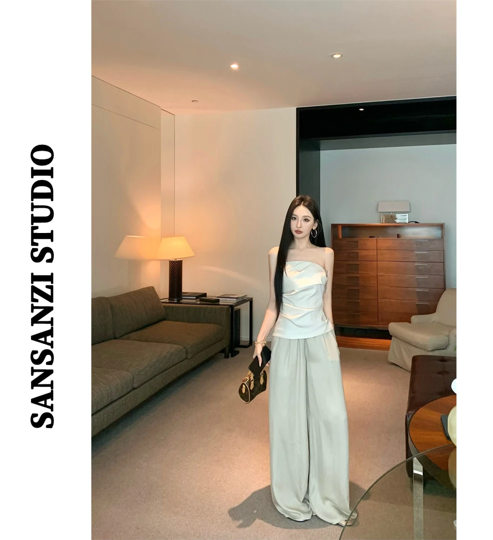 SANSANZI时尚套装性感露肩抹胸背心女夏季高腰阔腿裤休闲裤两件套