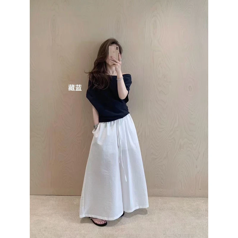 法式设计感斜领露肩短袖上衣8805 衣长56