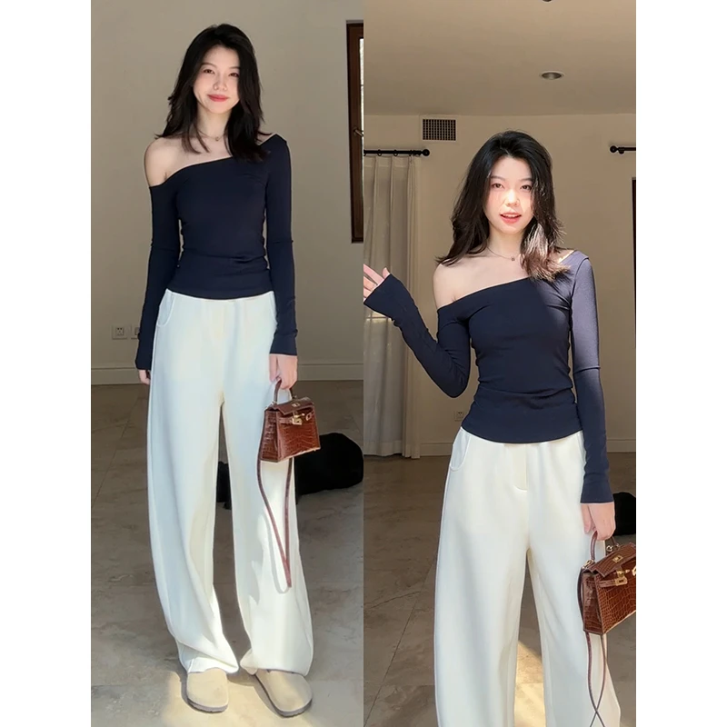 郭九九呢  天丝棉弯刀卫裤性感设计感斜肩修身显瘦T恤 G925K01121