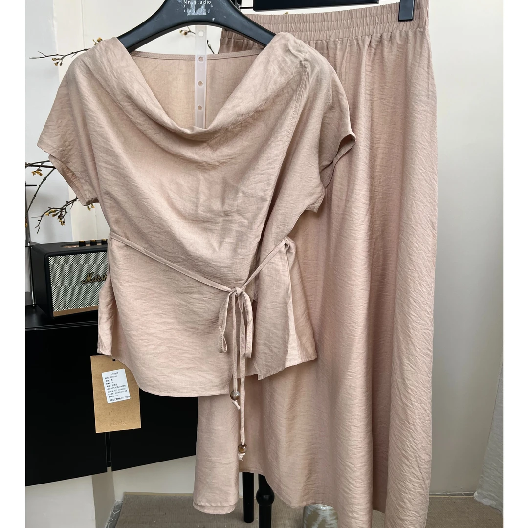 韩版高级时尚气质百搭显瘦荡领套装短袖半裙两件套5032