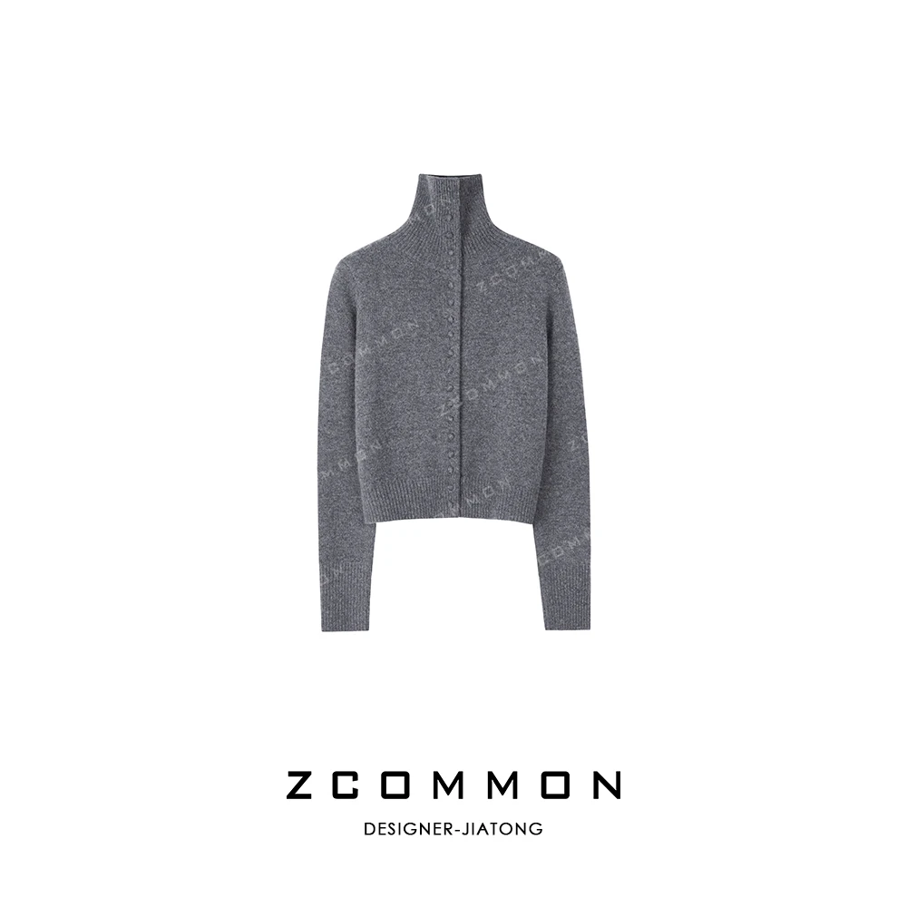 Z common绵羊毛小圆扣翻领毛衣开衫秋冬长袖灰色毛针织衫 2505225