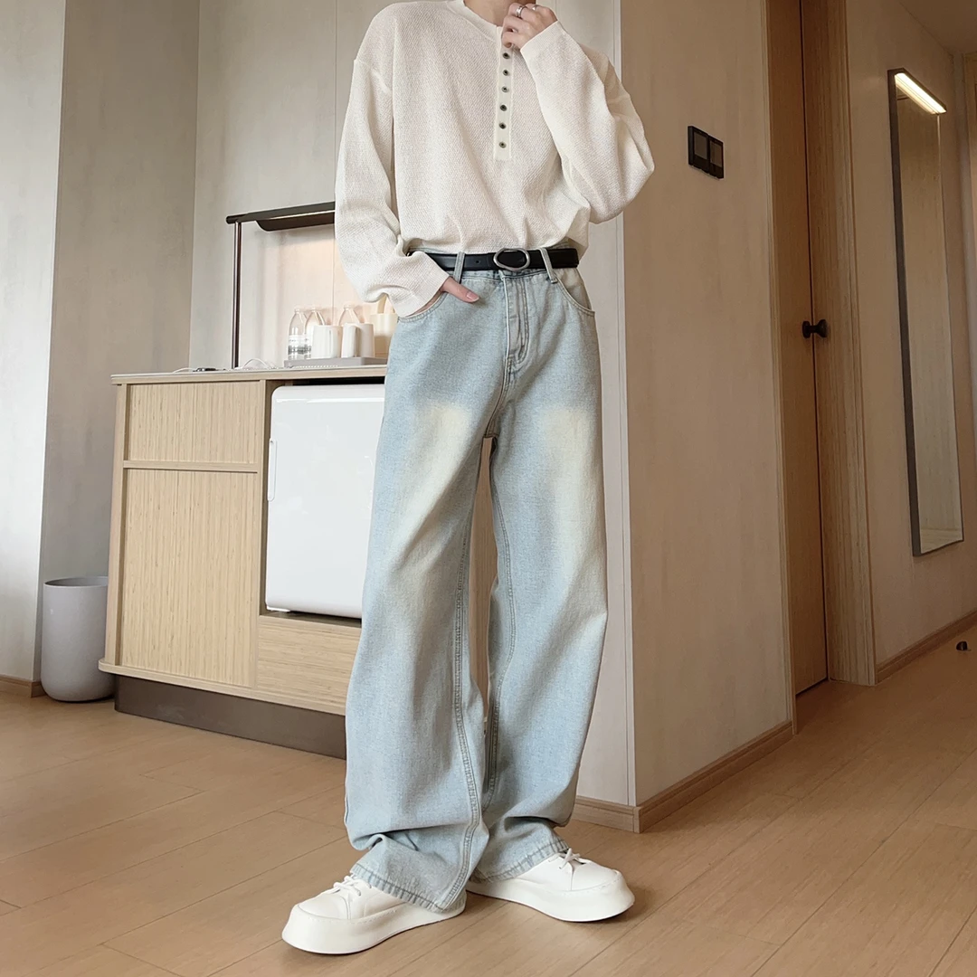 春夏美式复古水洗黄泥浅蓝色牛仔裤男生阔腿百搭cleanfit拖地长裤