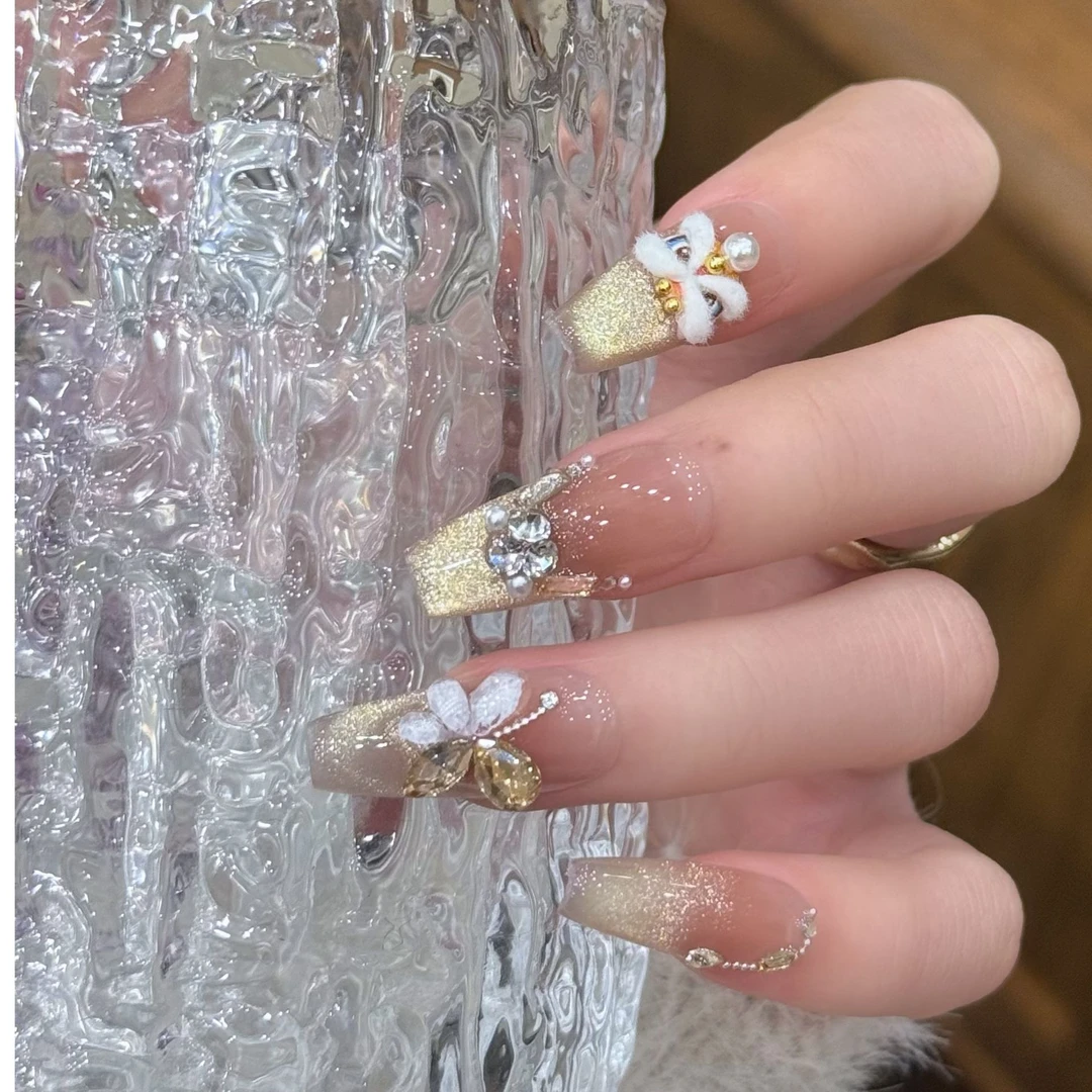 【蝴蝶醒狮】纯手工穿戴甲ins百搭显白爆闪金色指甲贴美甲贴片女