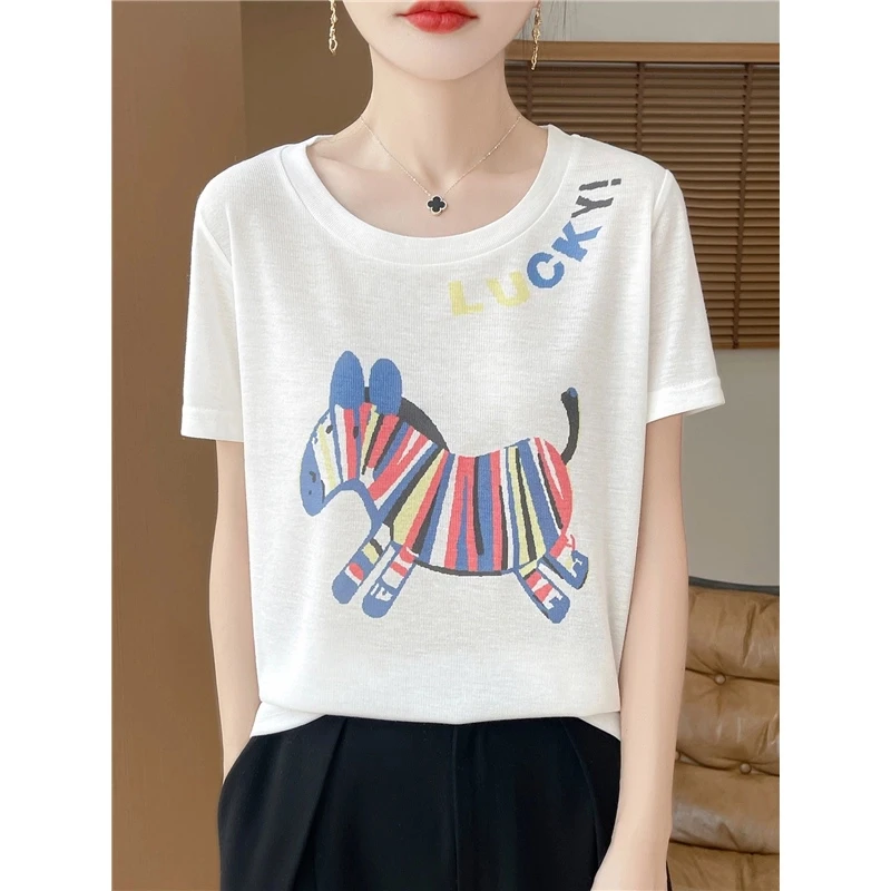 夏季新款莱赛尔短袖宽松型通勤圆领舒适百搭韩版彩虹小马提花短袖