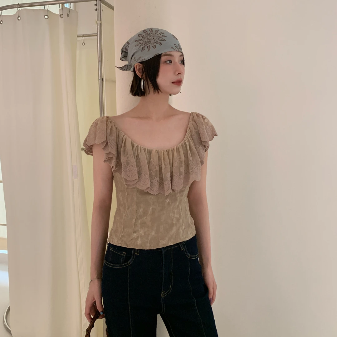 夏款25夏法式复古修身露背性感荷叶边蕾丝衫上衣S5673