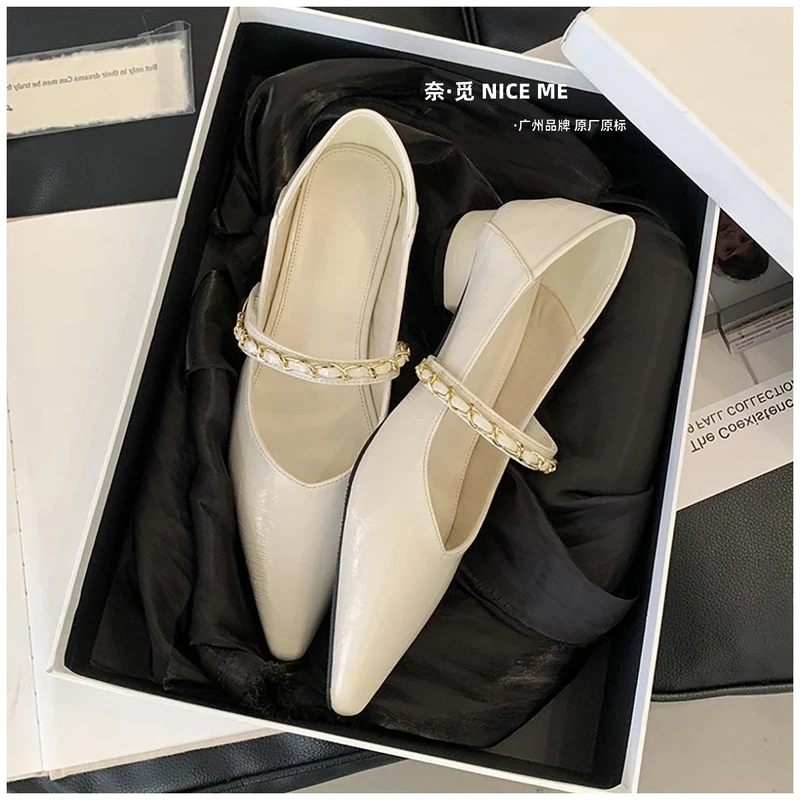 【千金】NICE ME~2025时尚链条尖头软皮单鞋低跟鞋气质显瘦玛丽珍鞋