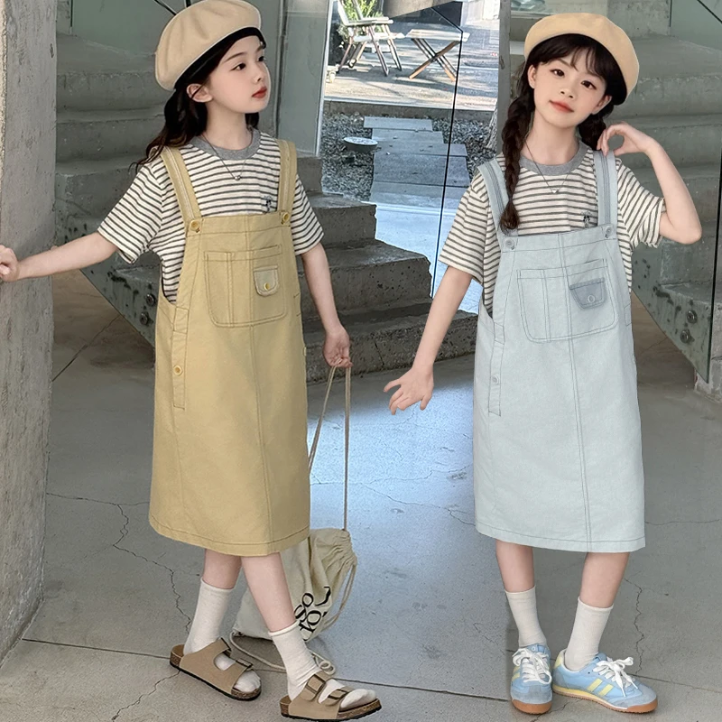 女童夏季背带裙套装2025新款洋气女中大童女孩短袖吊带裙两件套