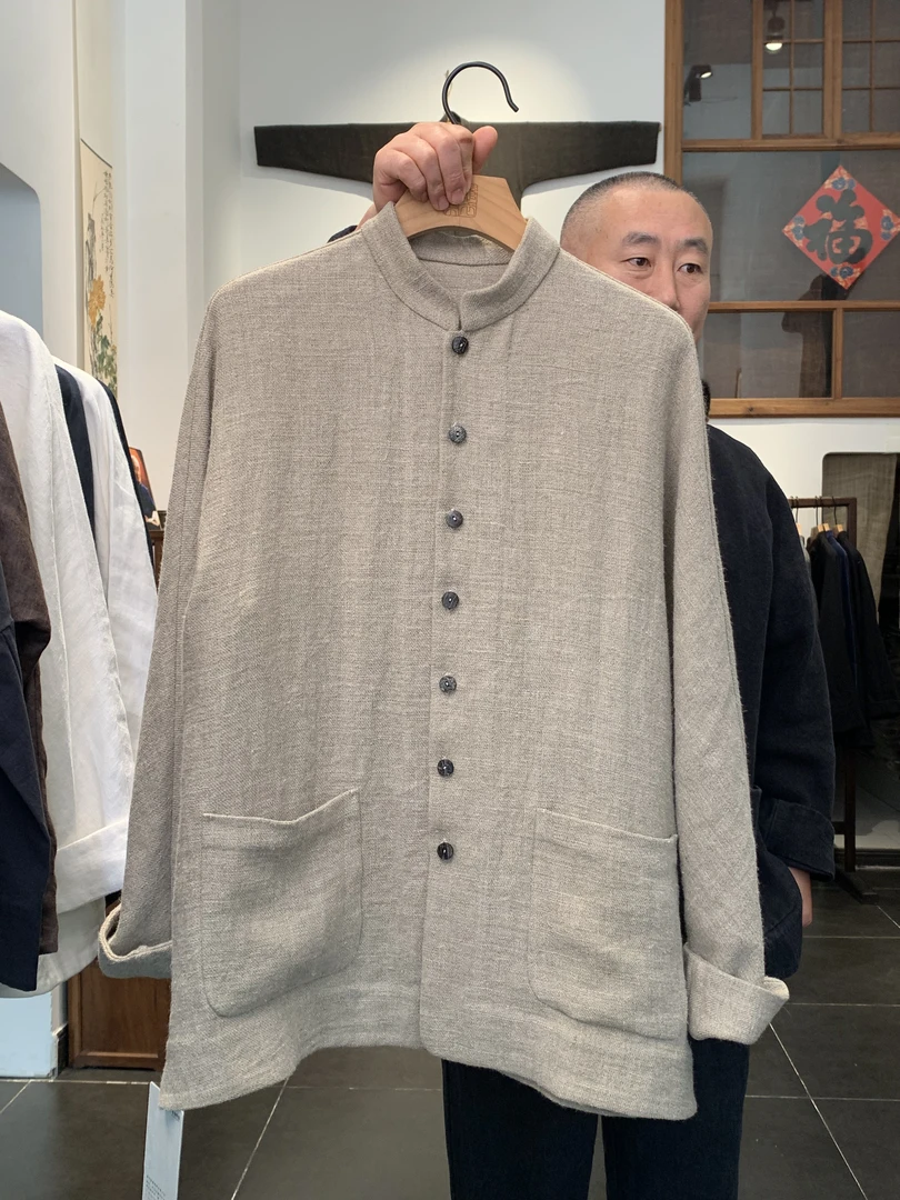 新中式立领麻本色雨露麻外套牛角扣