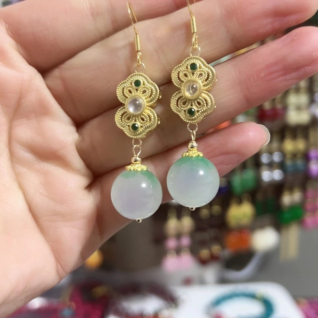 银S925镶嵌耳钉玛瑙/玉髓绿色