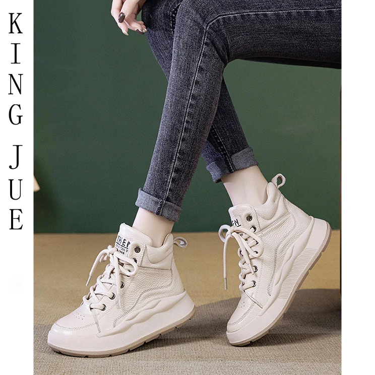 【王爵】春季新款真皮厚底高帮鞋百搭系带休闲鞋轻便软底
