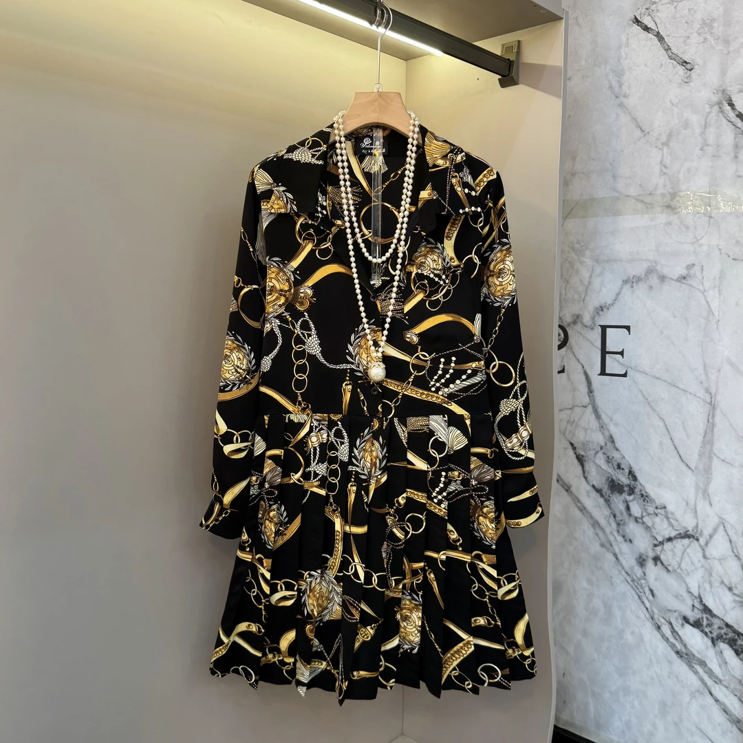 2025早秋韩系气质polo领衬衫裙复古百褶设计工艺显瘦连衣裙85175