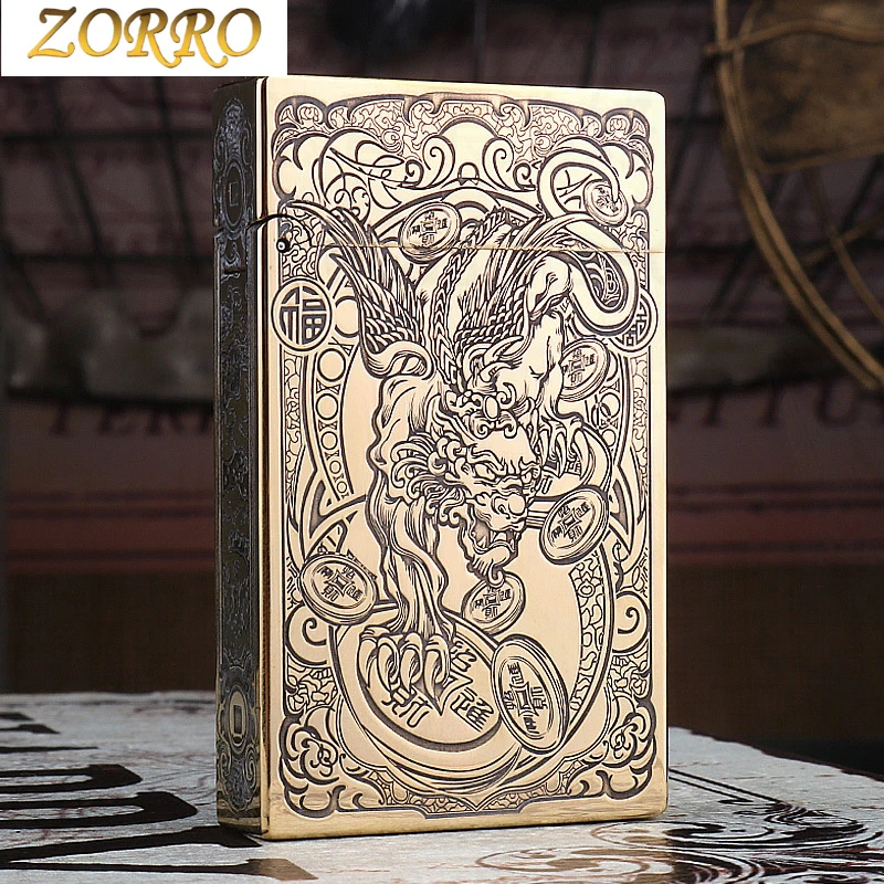 正品ZORRO佐罗Z552朗声煤油打火机原铜精雕多图唐草滚花礼盒砂轮