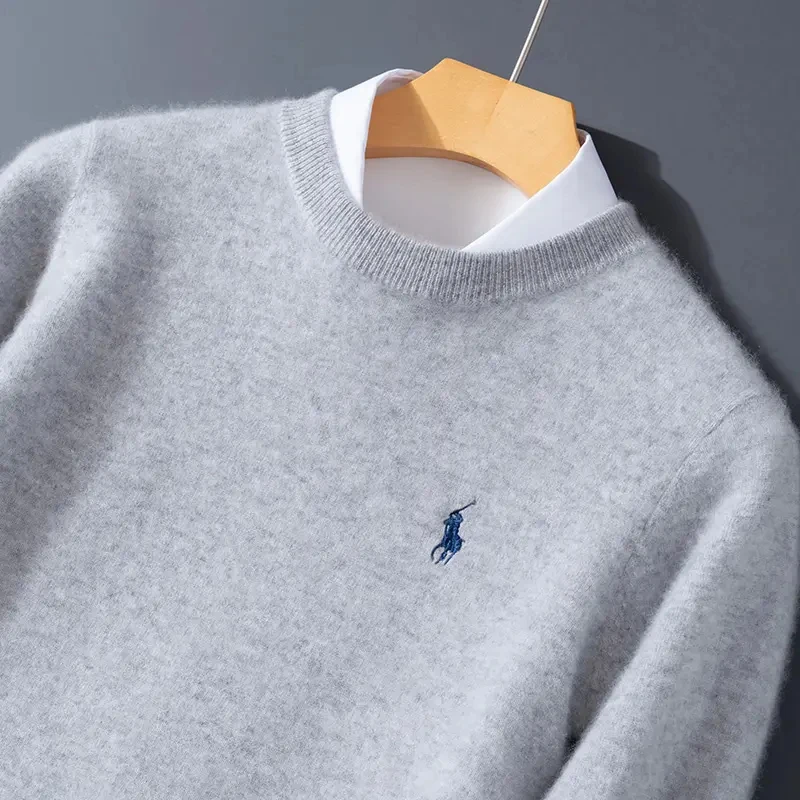 高定款！100澳洲羊毛衫秋冬新款男圆领套头纯色刺绣马长袖百搭-6