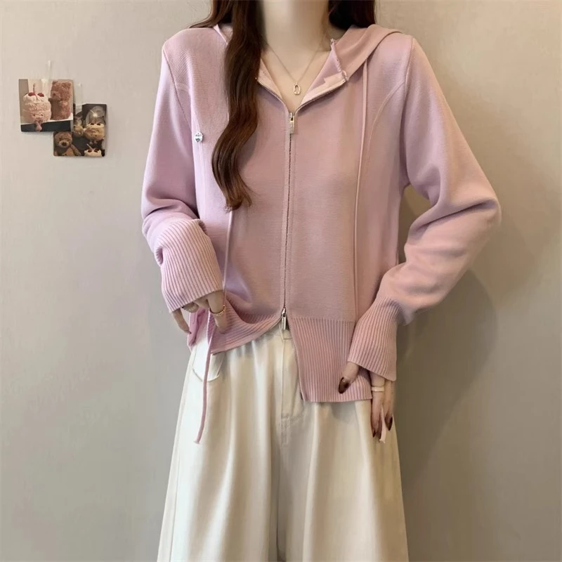 大码遮肚子双拉链连帽长袖针织衫女春秋胖mm显瘦百搭开衫上衣外套