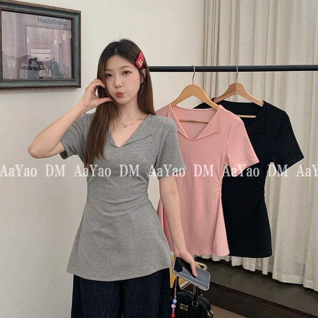 Aayao 2025 Summer 韩系百搭纯欲风V领褶皱掐腰短袖T恤1168