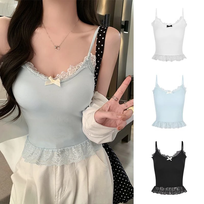 纯欲甜辣妹抹胸上衣女春夏新款蕾丝打底衫内搭叠穿吊带背心带胸垫