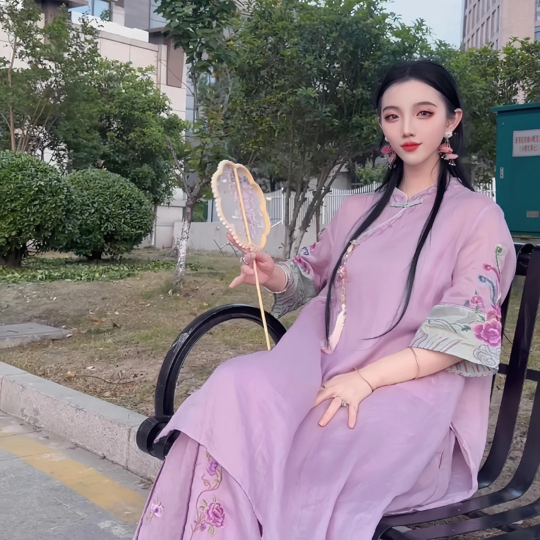 【凤鸾】复古国风苎麻印花夏季圆领斜襟盘扣中长款茶服出行