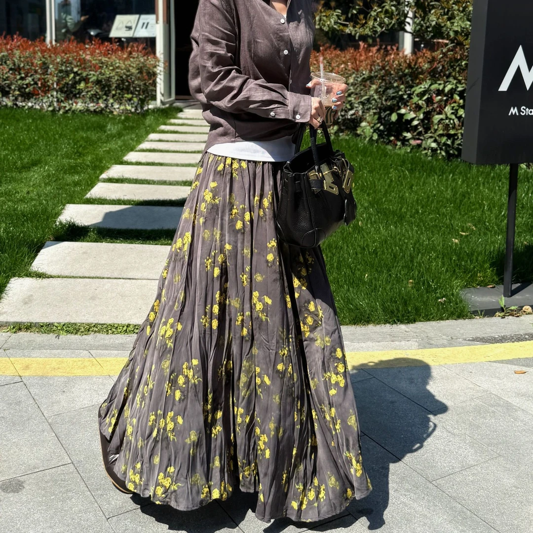 MUBINE 春季新款松紧腰复古印花百褶百搭半身裙 2547