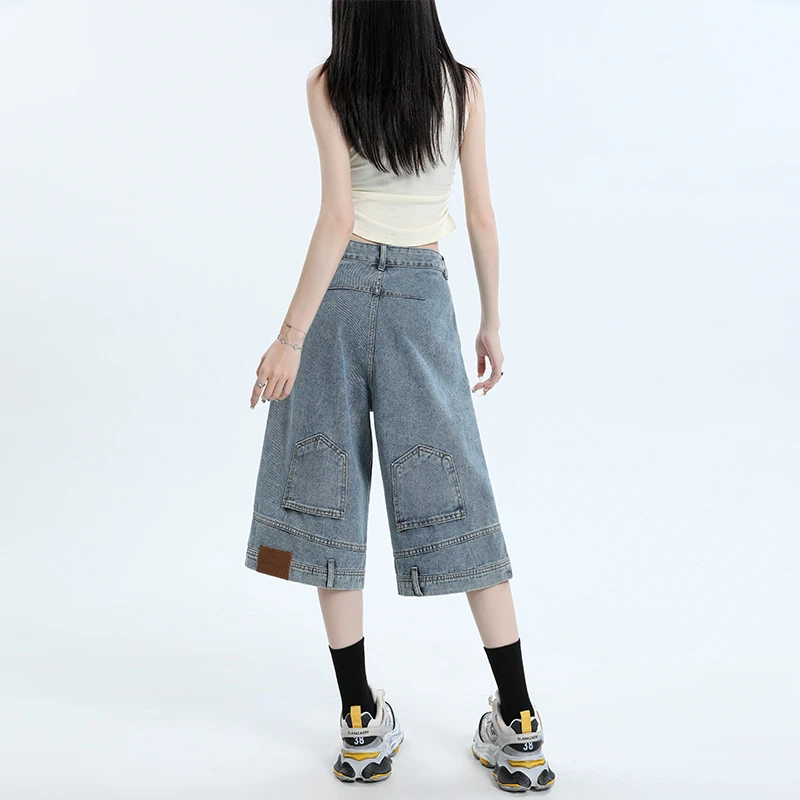 浅蓝色美式高腰七分牛仔短裤女夏季新款倒装宽松薄款直筒阔腿中裤