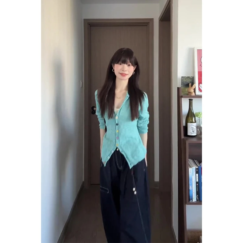 日式慵懒风休闲风早秋蓝色气质显瘦长袖针织开衫高腰宽松阔腿裤子