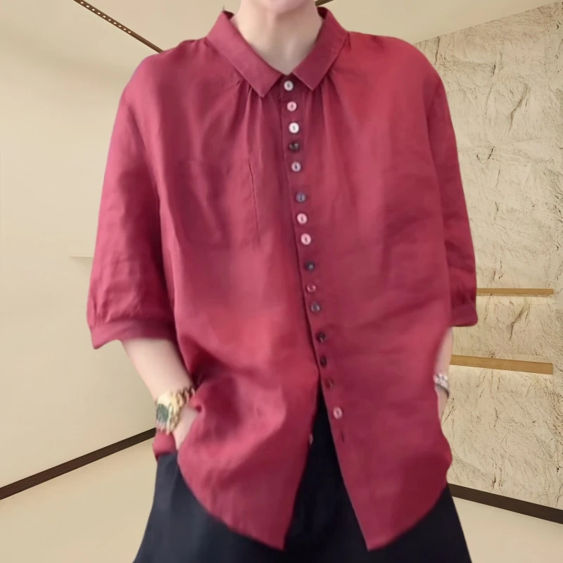 纯色翻领彩扣五分袖衬衫女夏款2025新款宽松休闲遮肉显瘦上衣女