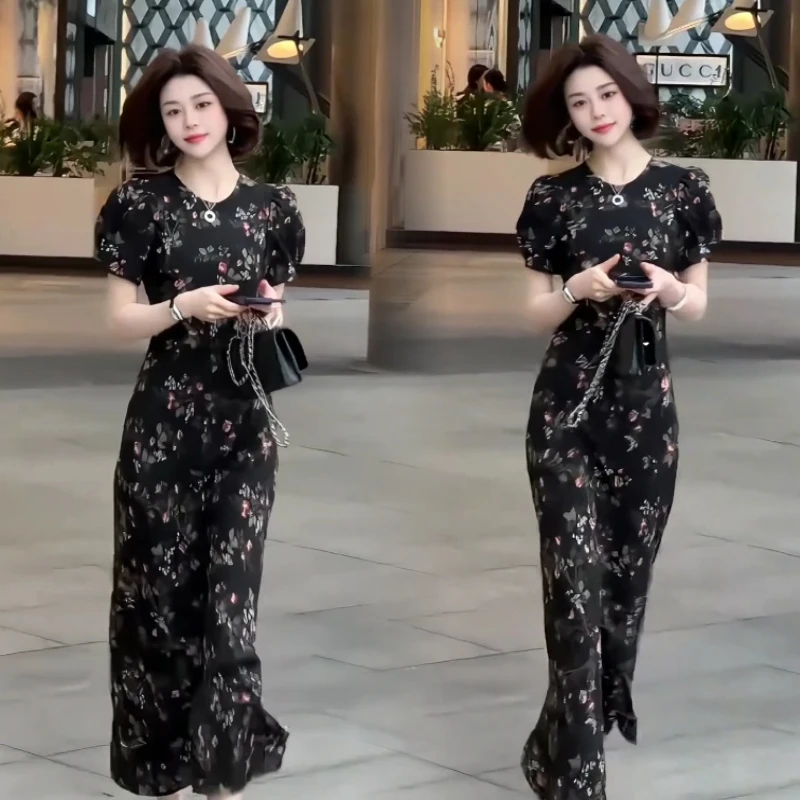 暗夜玫瑰油画晕染花卉连衣裙女夏慵懒松弛感气质显瘦收腰长裙女装