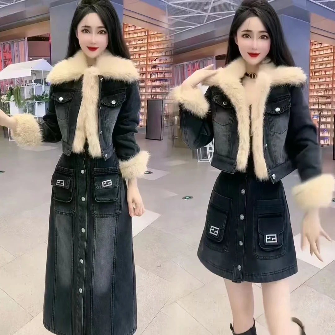 都市气质名媛牛仔套装裙秋冬御姐时尚洋气减龄加厚外套A字半身裙