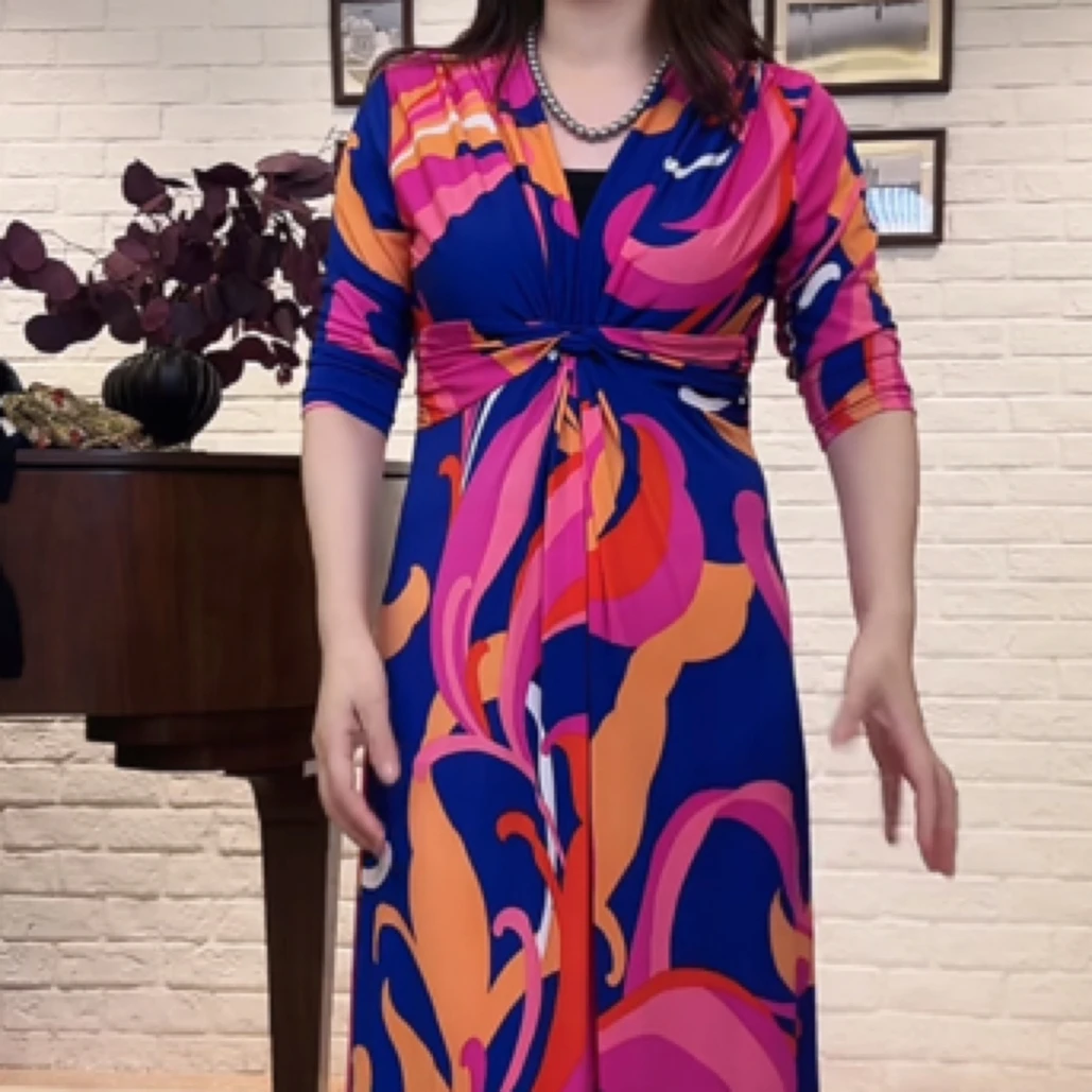 七分袖扎染扎花花色印花连衣裙长裙女装优雅时尚提花设计师拼色