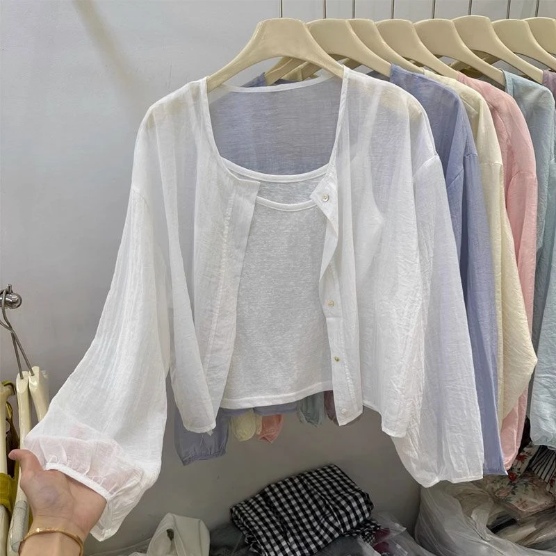 夏季新款韩版薄款圆领长袖衬衫女法式设计感小众外穿显瘦上衣
