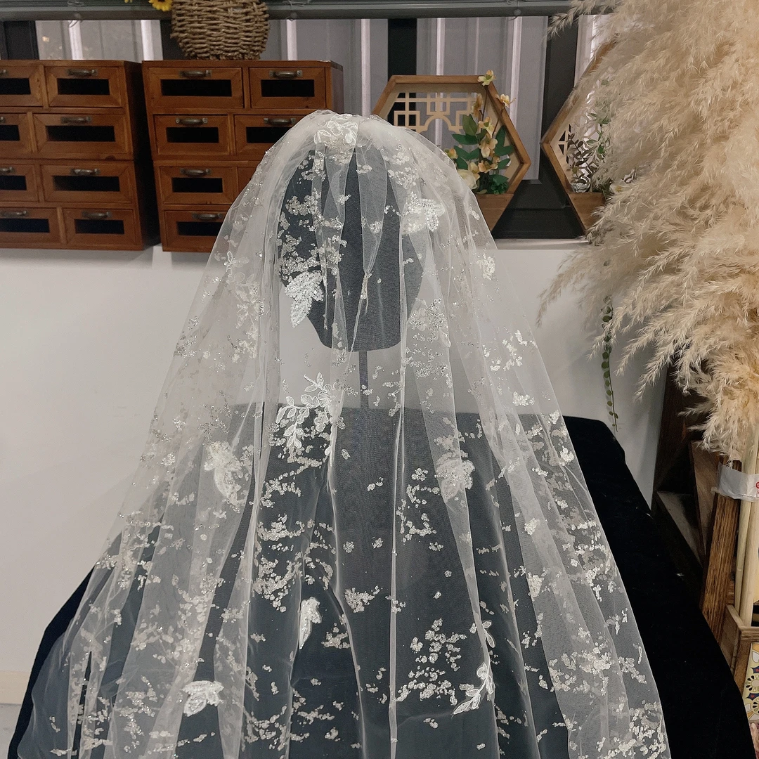 合金布艺婚庆饰品 5352印花刺绣亮粉头纱福利头饰无礼盒超仙结婚