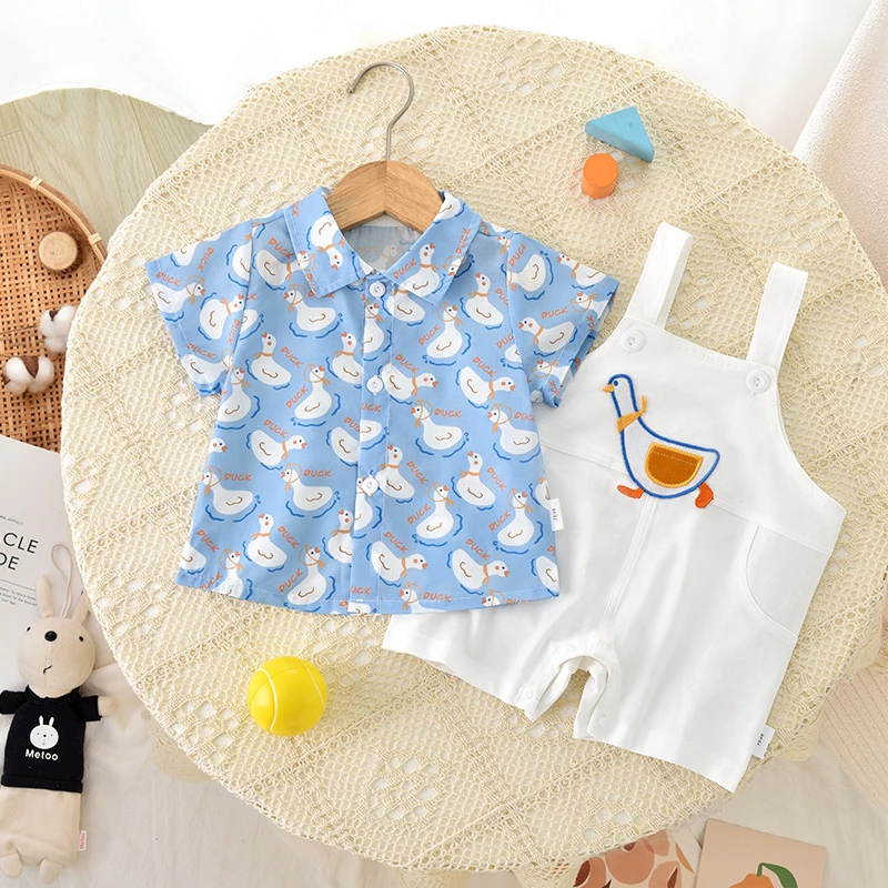 夏季婴儿背带套装薄款短袖男女宝宝夏天洋气外穿爬服小鸭背带夏款