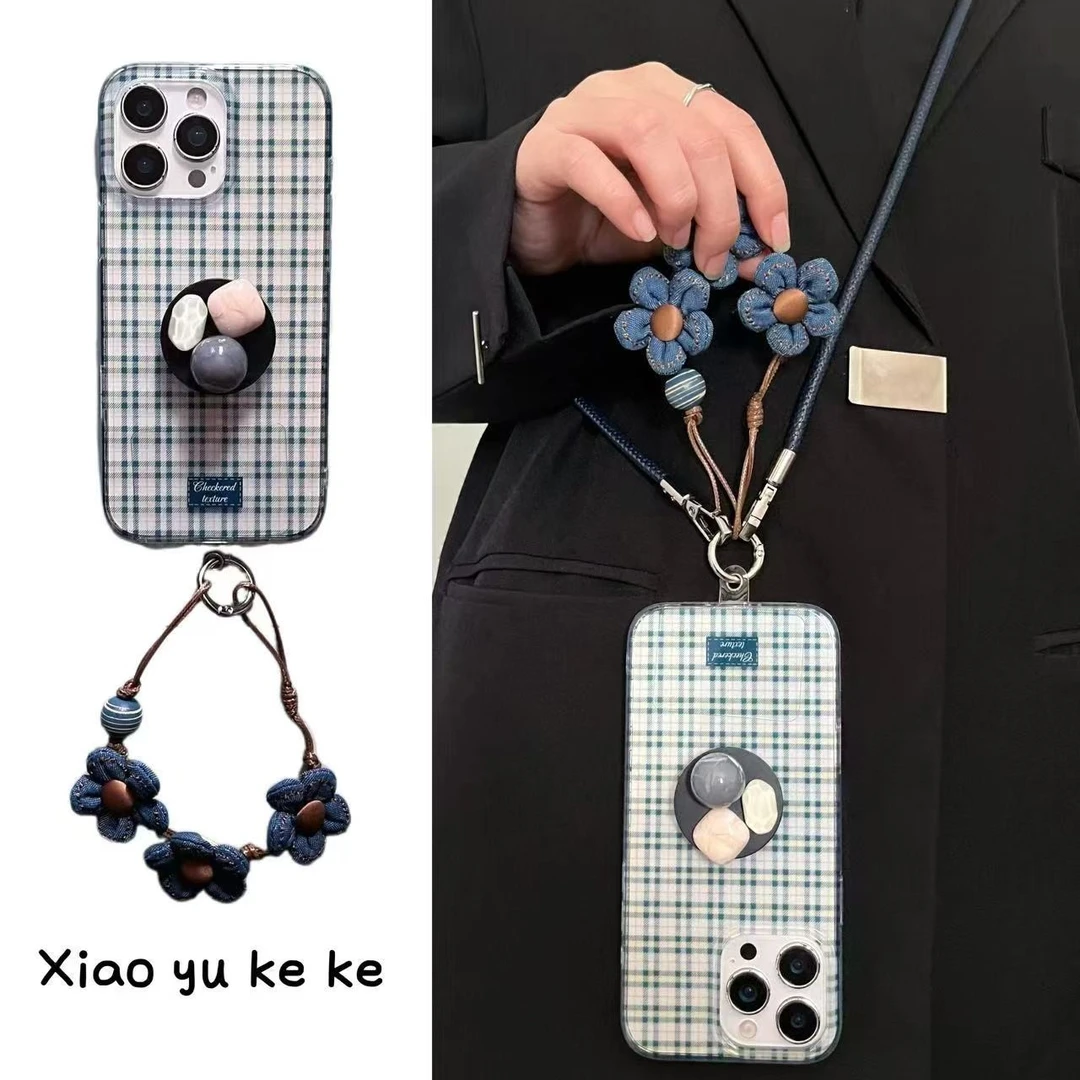 秋天款透绿条纹格适用苹果16promax手机壳iPhone15pro花朵手绳14