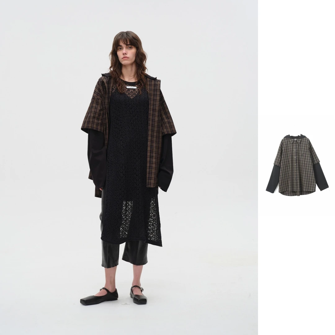 ASYUS   25秋季新品拼接撞色假两件格纹连帽衬衫女款