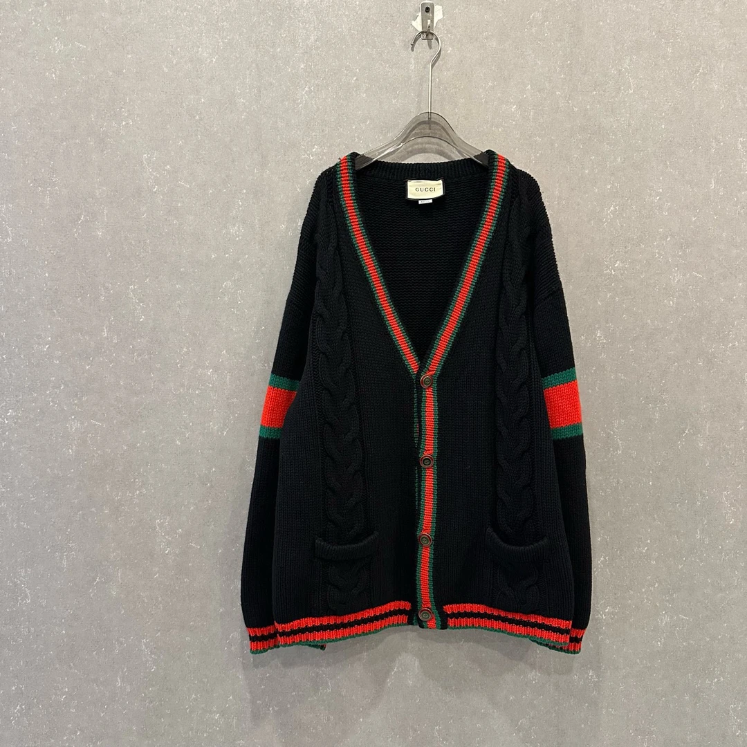 99新 GUCCI/古驰 拼色绞花编织V领针织衫XXL码/003088
