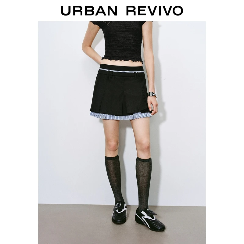 UR2025春季新款女装休闲学院风假两件条纹半裙UIR550003