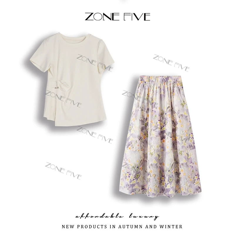 【zonefive】艺术生减龄显瘦印花裙套装2025夏新款百搭T恤+半裙套装